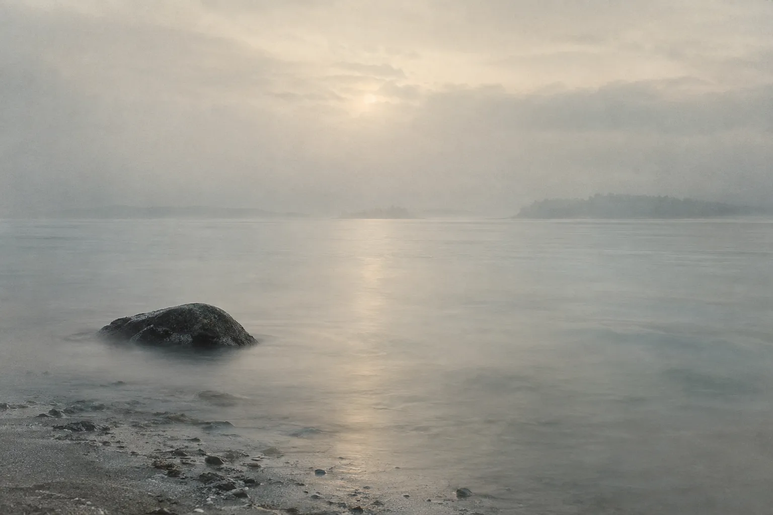 A single stone in still water beneath a misty northern horizon