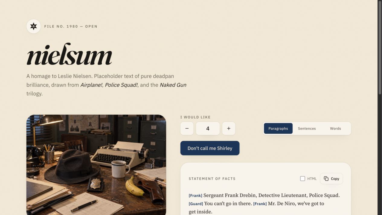 Screenshot of the Nielsum text generator, showing its title, controls and Leslie Nielsen-inspired page