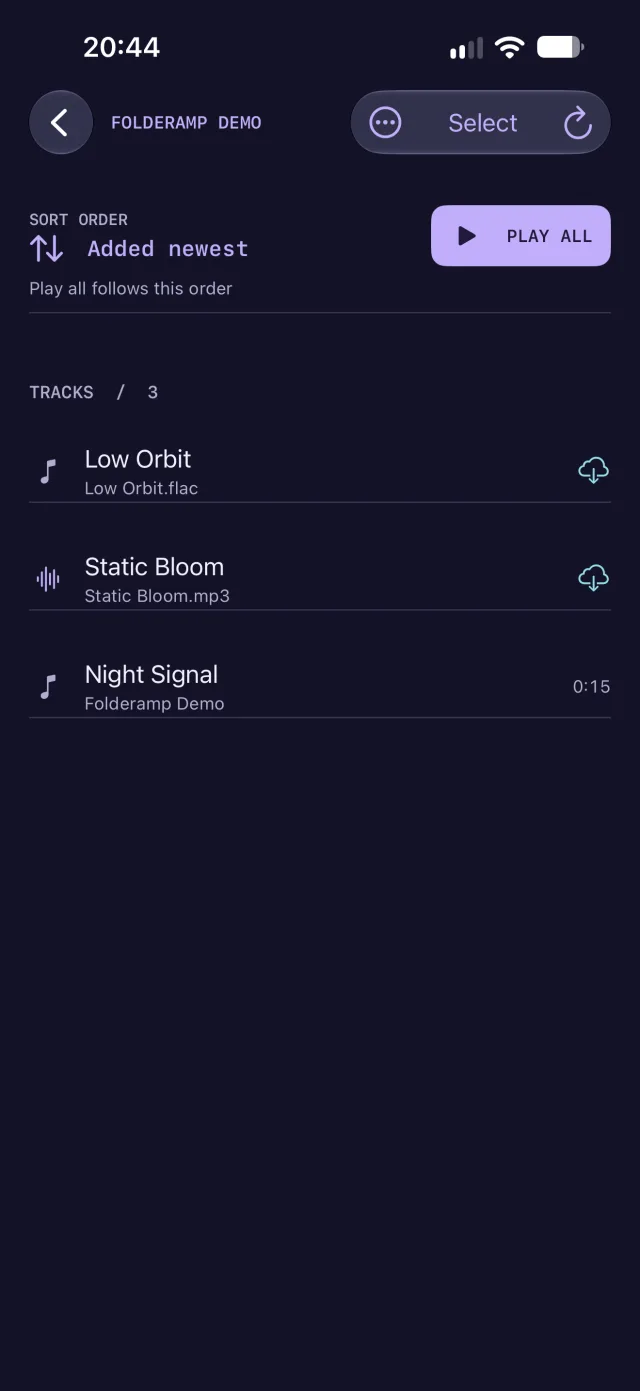 NITELOAD folder view showing three demo tracks, the sort order, and Play All on iPhone