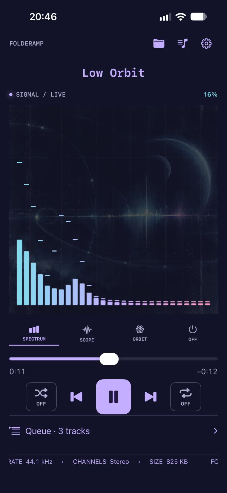 NITELOAD playing Low Orbit on iPhone with a colorful Spectrum visualizer over faded cover artwork